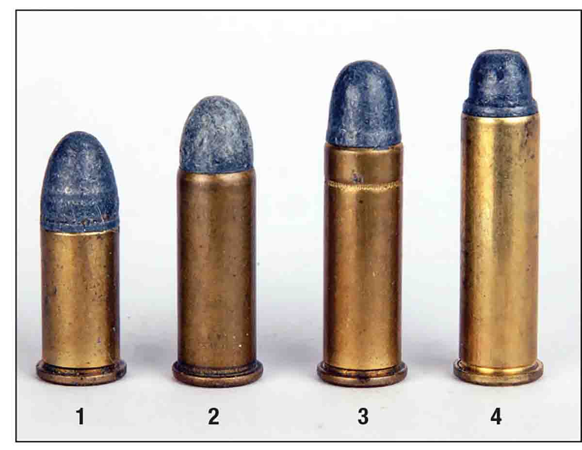 These cartridges show the progression of American 38/357-caliber cartridges: (1) 38 Short Colt, (2) 38 Long Colt, (3) 38 Special and (4) 357 Magnum.